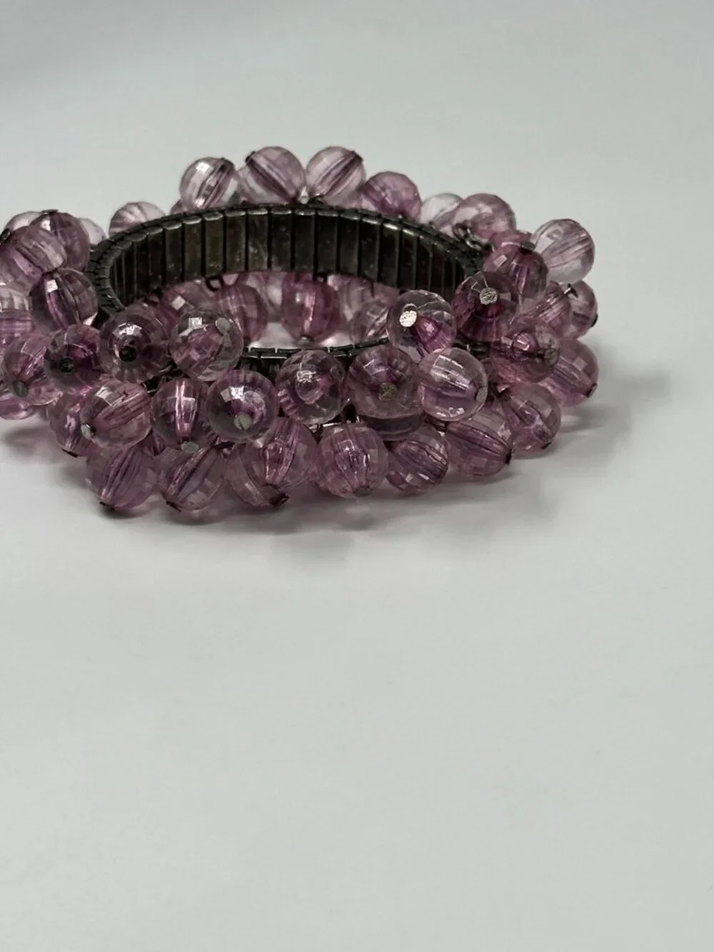 Vintage Cha Cha Expansion Bracelet Purple Faceted Round Beads Silver Tone